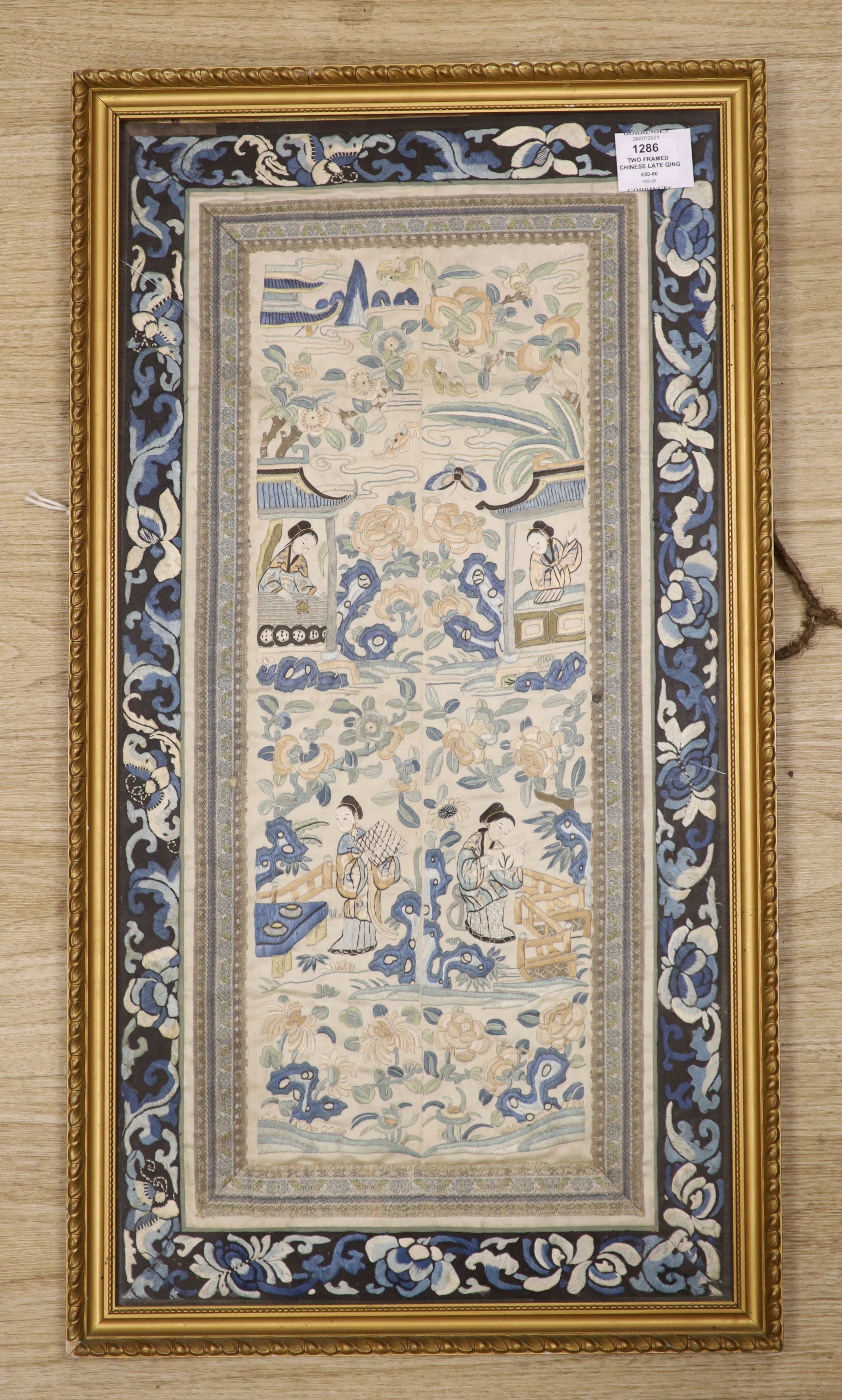Two framed Chinese late Qing embroidered silk panels 71 x 39cm & 62 x 32cm